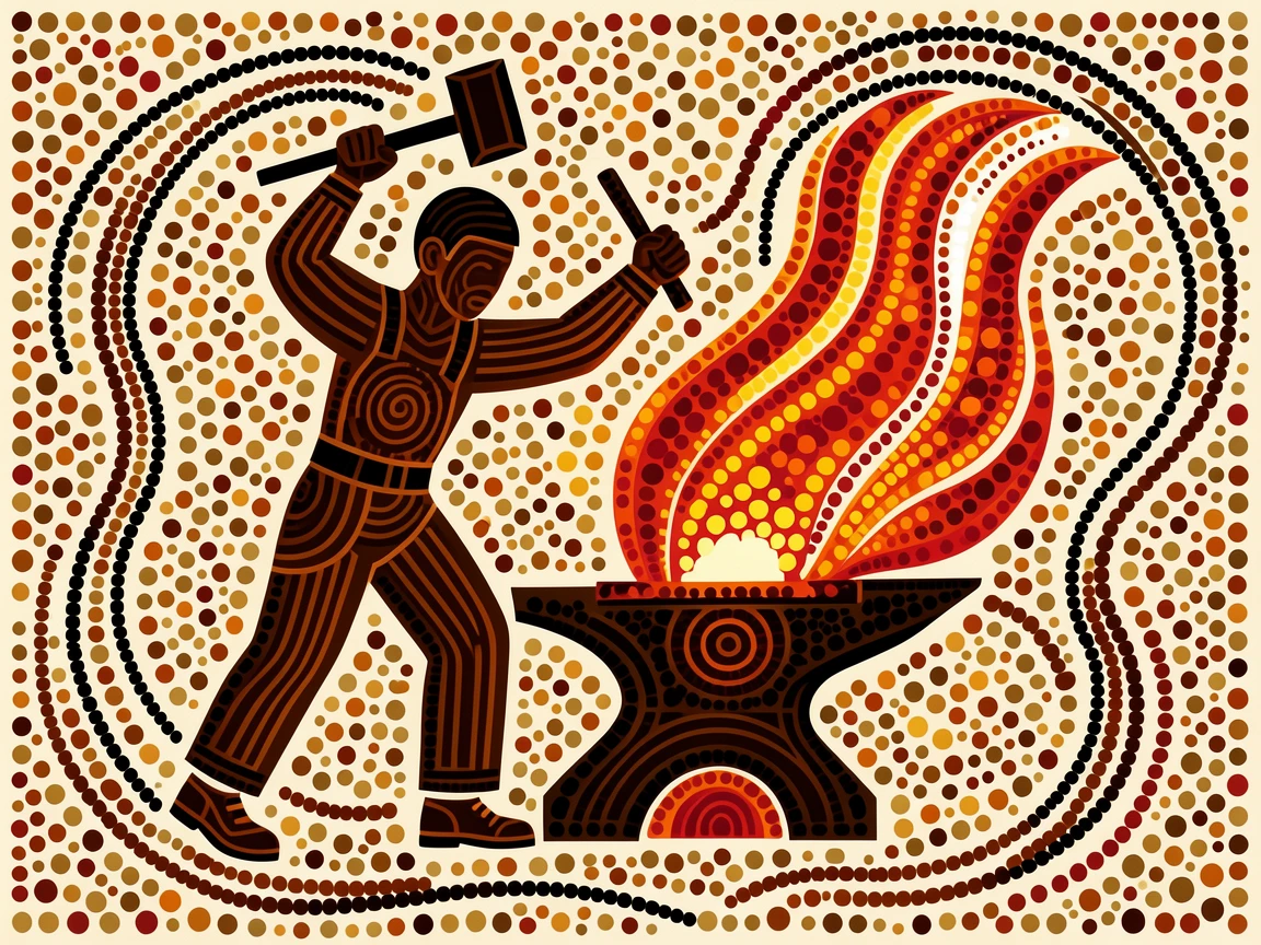 A blacksmith working at a glowing forge