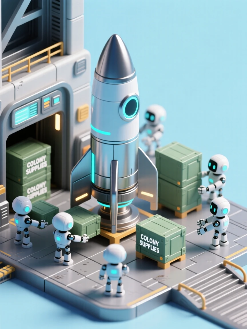 A space elevator cargo bay bustling with robots loading crates onto a rocket bound for a distant colony.