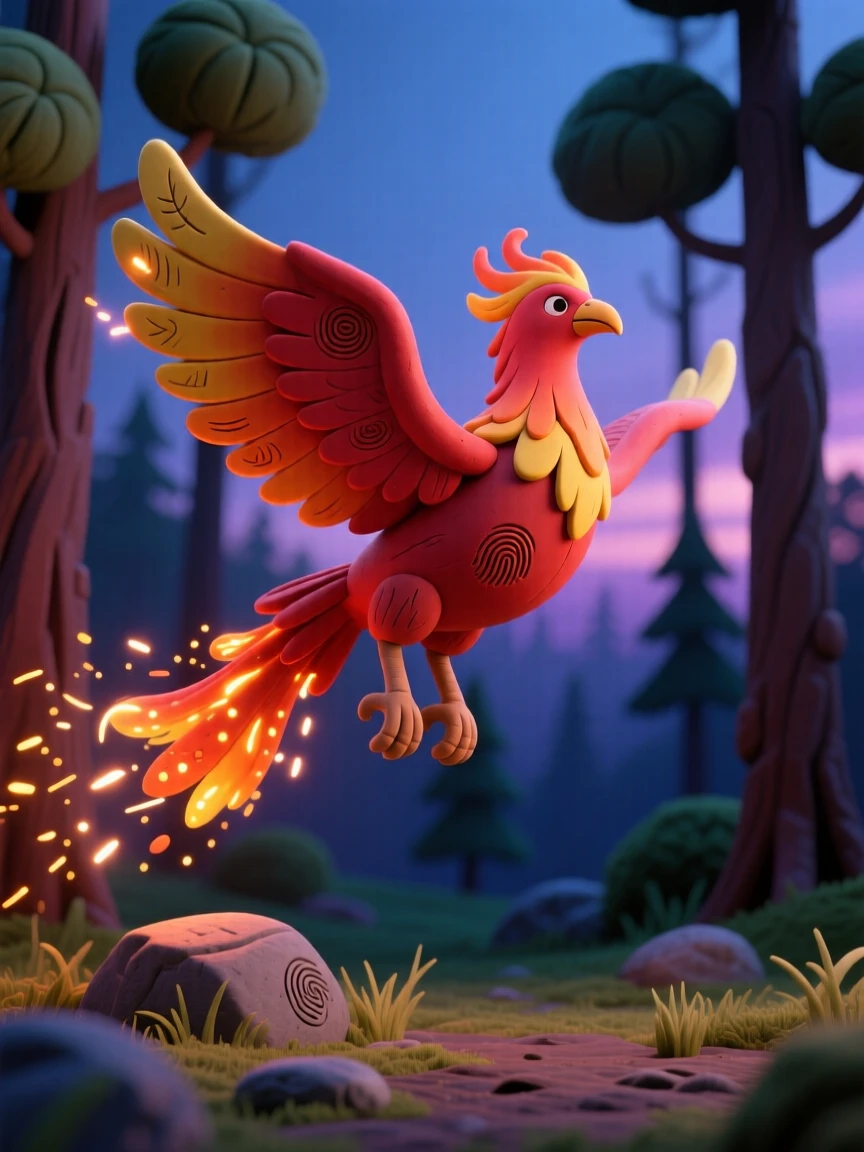 A firebird trailing sparks across a twilight Russian forest