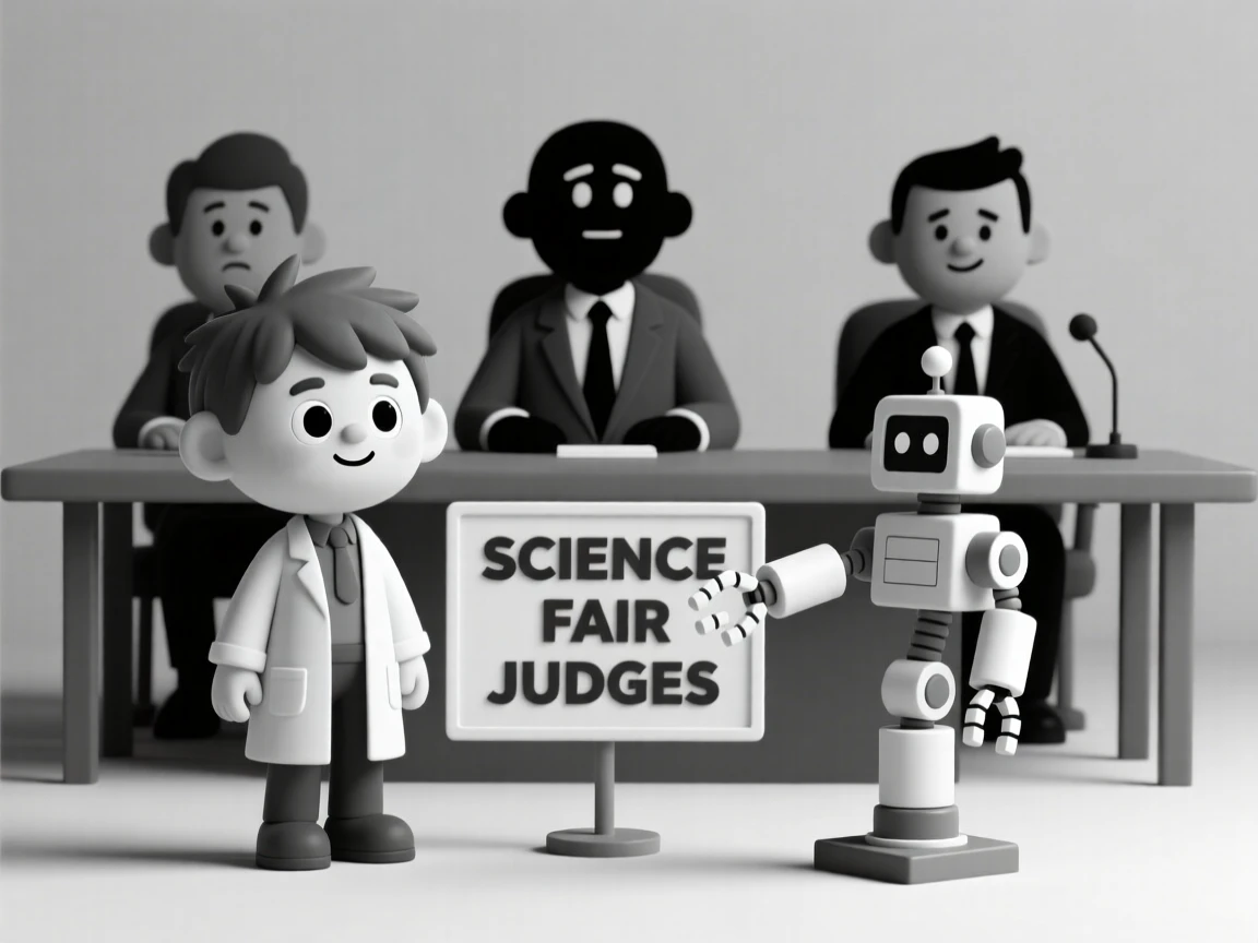 A determined young inventor demonstrates a homemade robot arm to an impressed panel of science fair judges.
