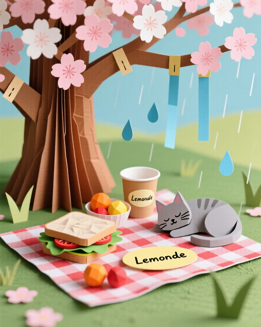 A picnic spread beneath a blossoming tree framed by gentle falling rain, with a content pet curled up close by, capturing quiet contentment.