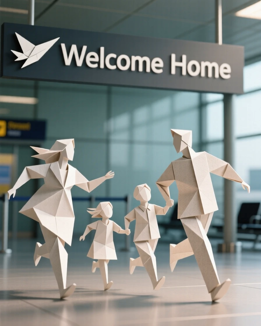 A family reunited after a long separation, running toward each other at an airport.