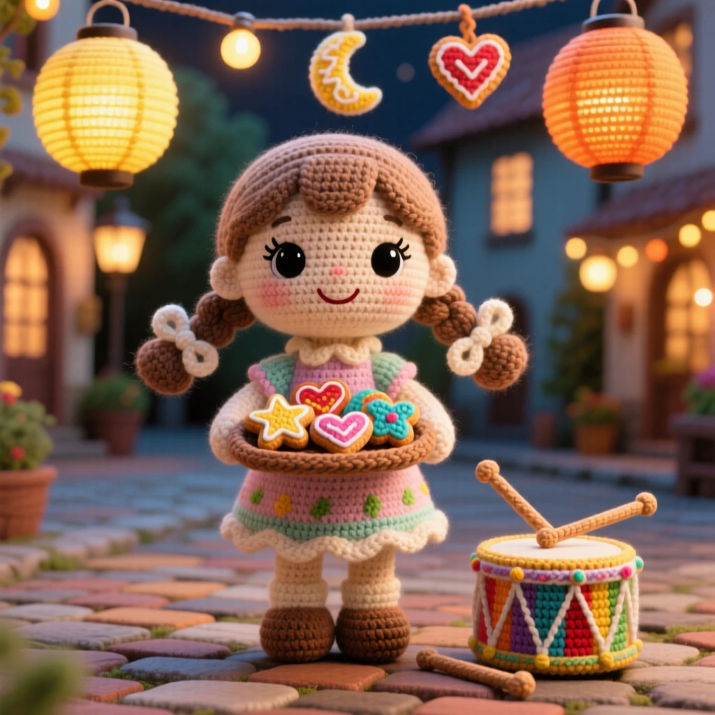 A festive cultural scene of a little girl carrying a small tray of festival cookies for a neighborhood celebration, offering them with a warm smile within a lantern-lit village square; a small drum resting nearby nearby, full of the cheerful spirit of a beloved tradition.