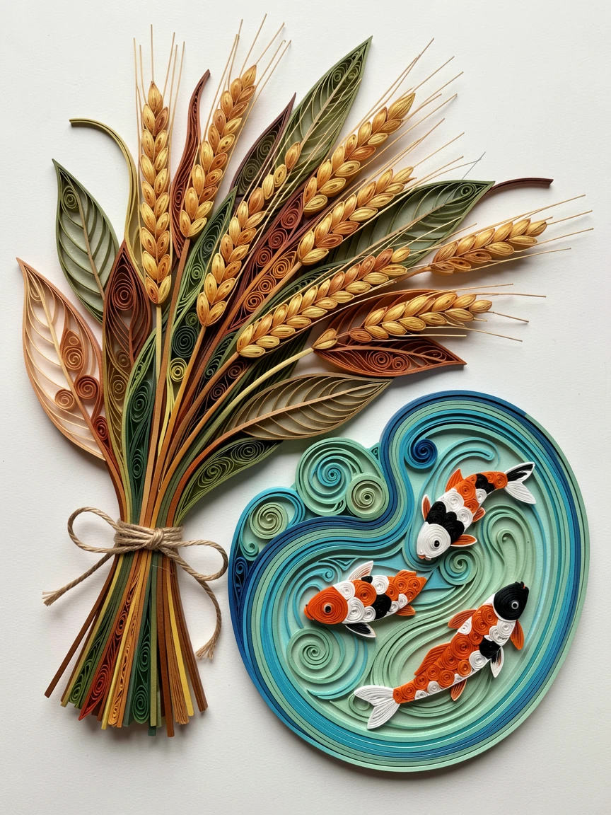 A serene botanical study of a bundle of autumn wheat tied with twine beside a tranquil koi pond, with delicate veining visible on each leaf, layered from foreground to background for depth.