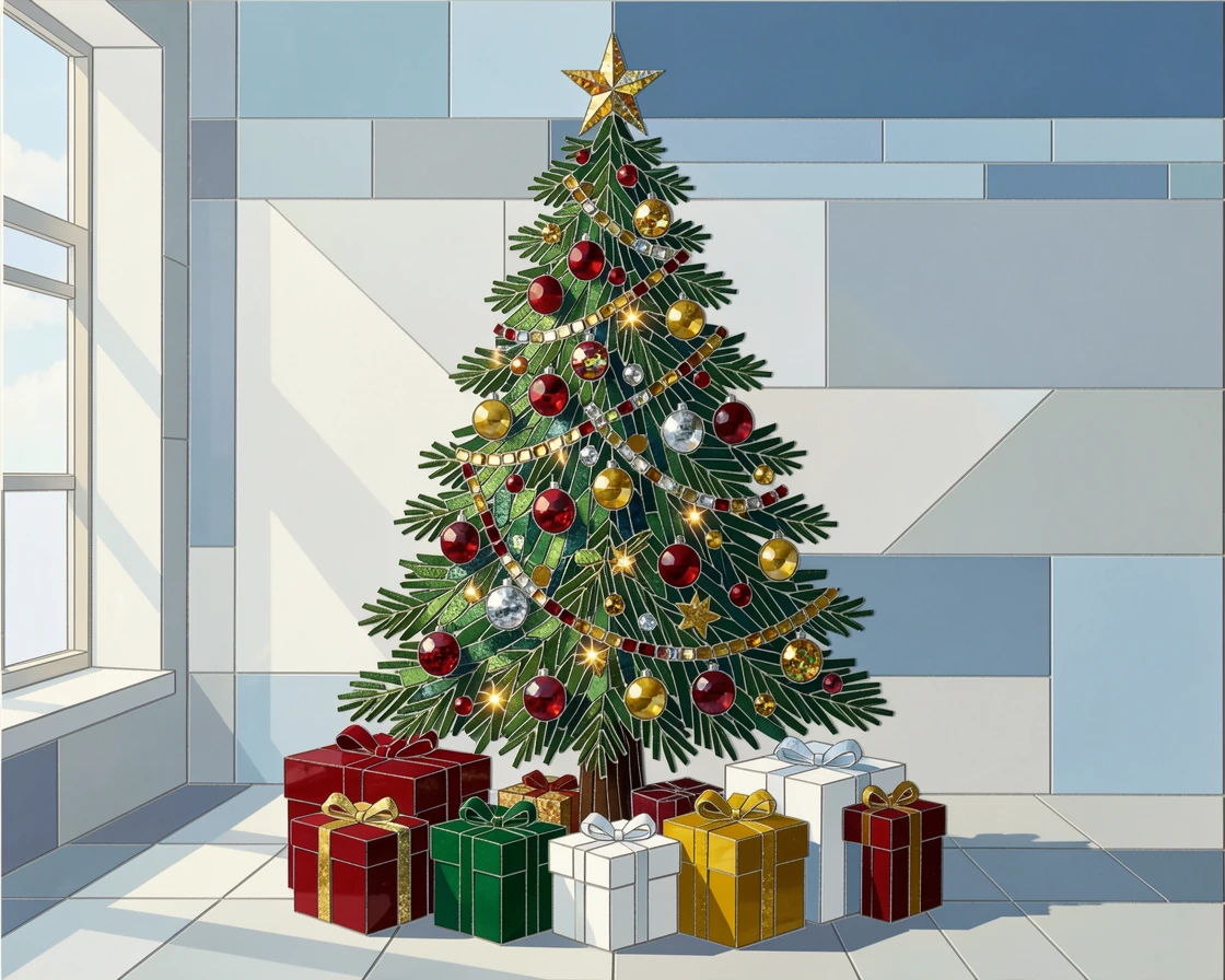 A Christmas morning scene with a beautifully decorated tree and gifts.