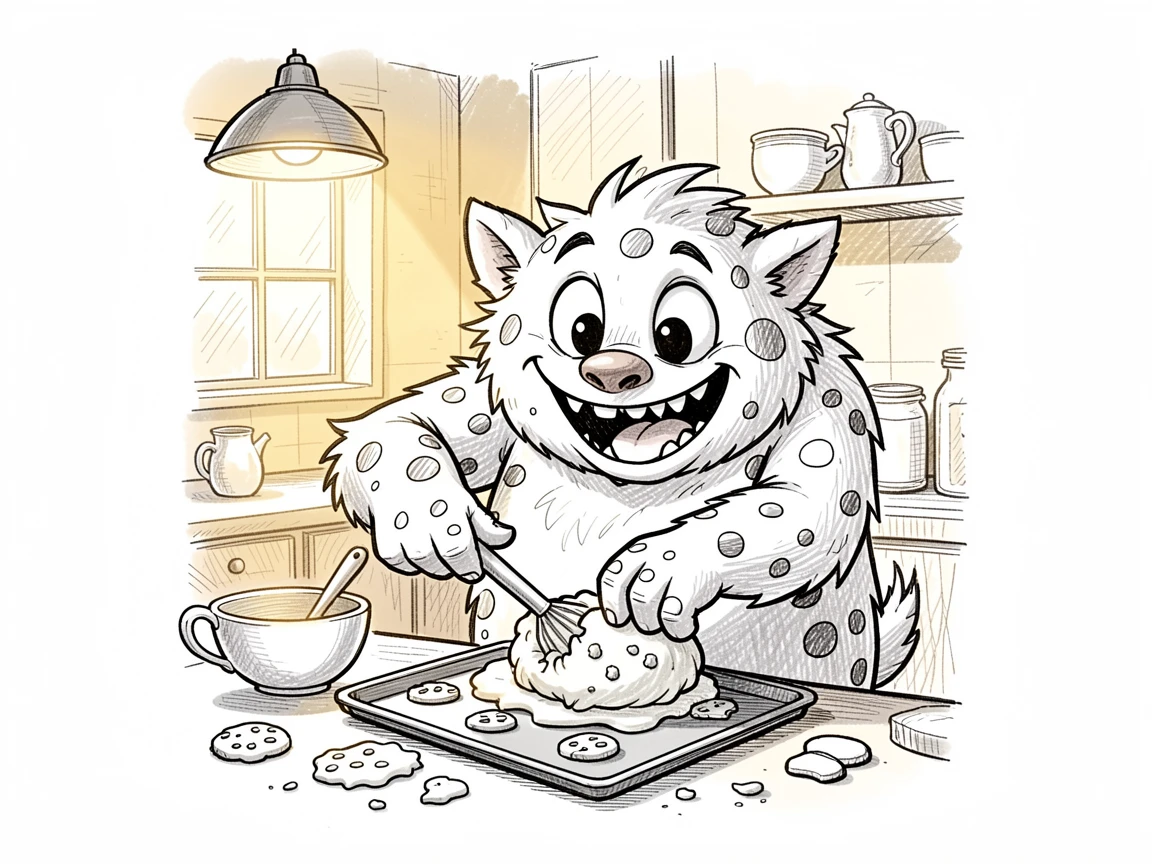 A monster with polka-dot fur baking cookies inside a kitchen filled with warm light.