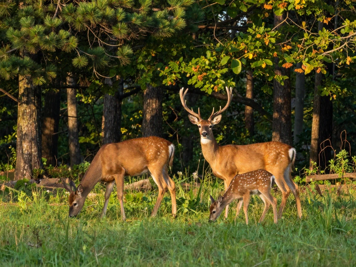 A deer family grazing quietly at the edge of a forest clearing