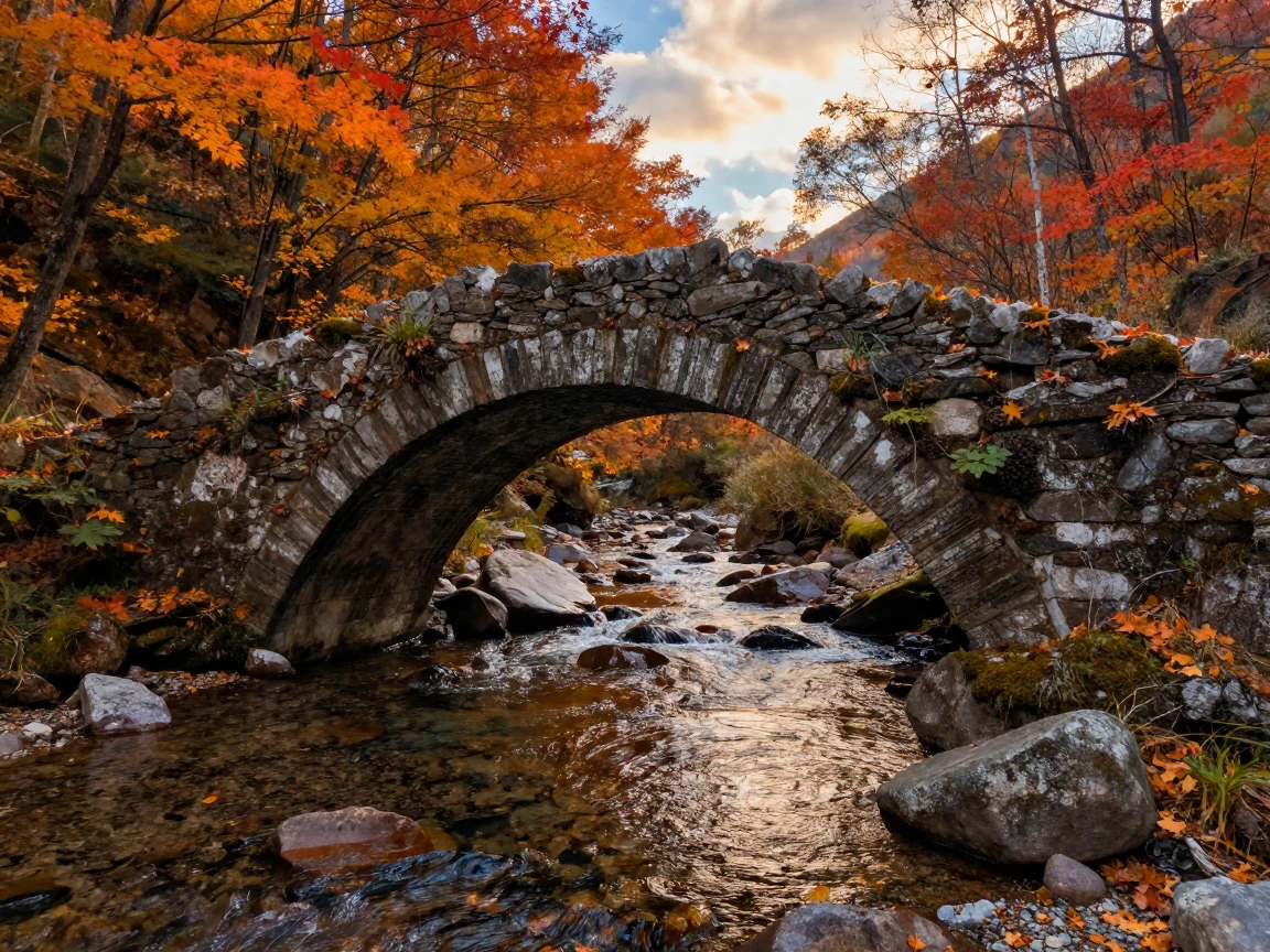 An old stone bridge arches over a clear mountain stream surrounded by autumn color.