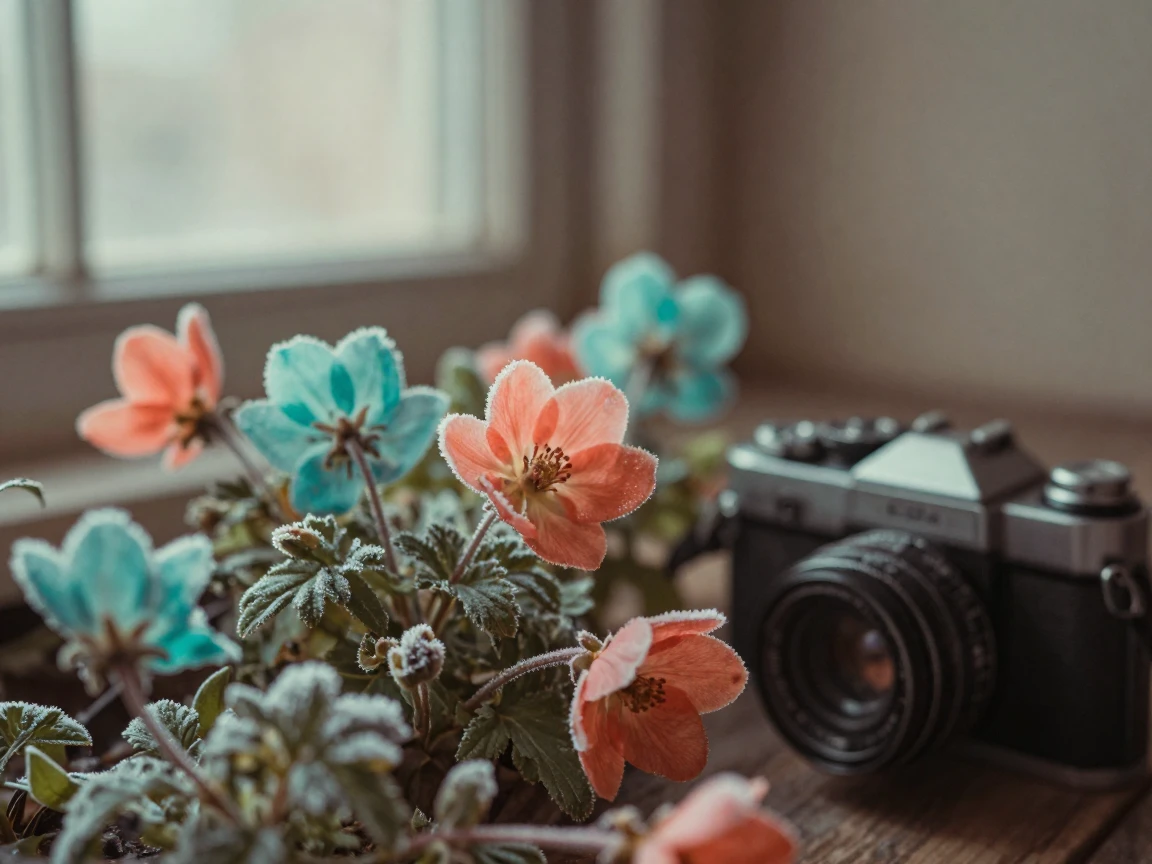 A photographer crouched low to capture a wildflower close-up, in soft window light, with frost coating every surface, as spring blossoms unfurl, in vivid coral and turquoise hues, from a slightly elevated vantage point.