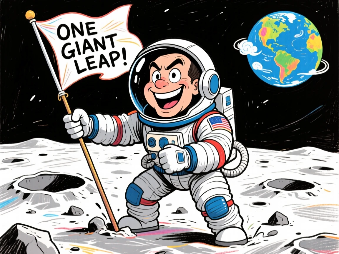 A brave astronaut planting a flag on the surface of the moon.