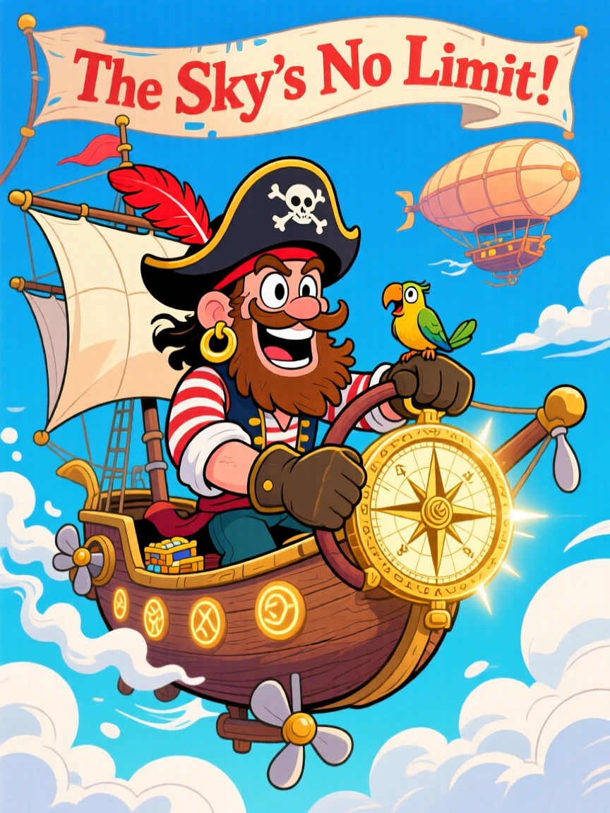 An imaginative fantasy scene of a bold pirate captain piloting a fantastical flying machine through the clouds, with a legendary artifact clutched tightly.