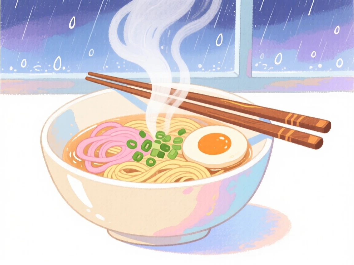 A cozy, appetizing, soft and dreamy scene of a bowl of ramen steaming on a rainy evening