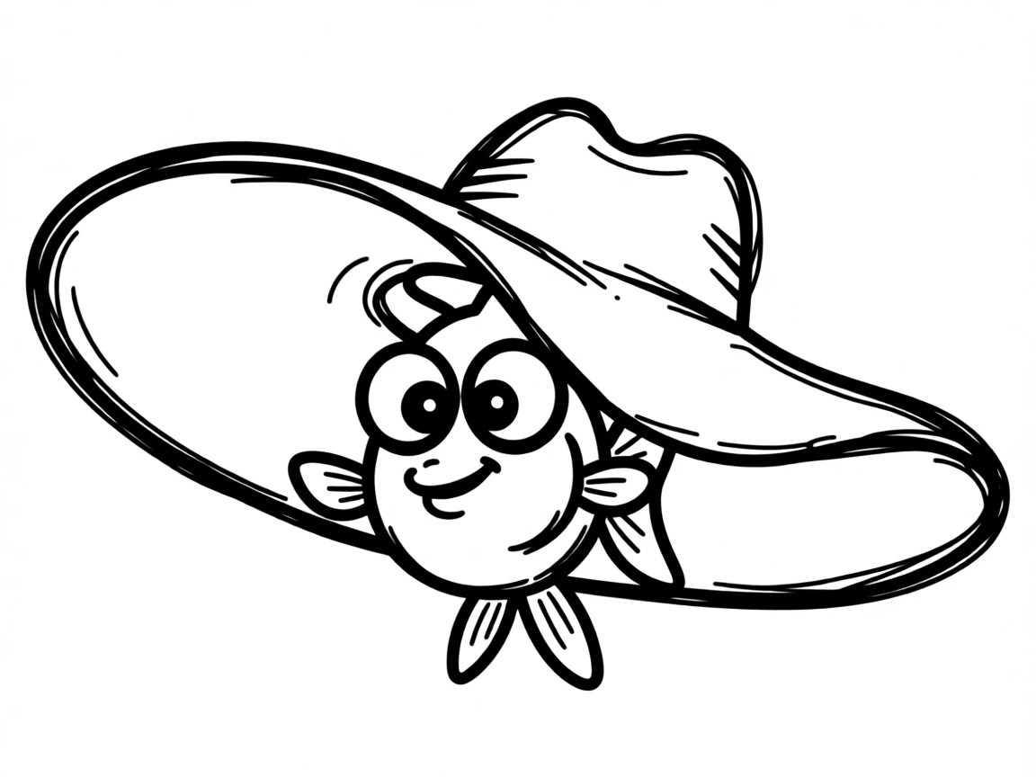 A goldfish in a bowl sitting inside a giant sunhat, only its eyes and ears peeking out.
