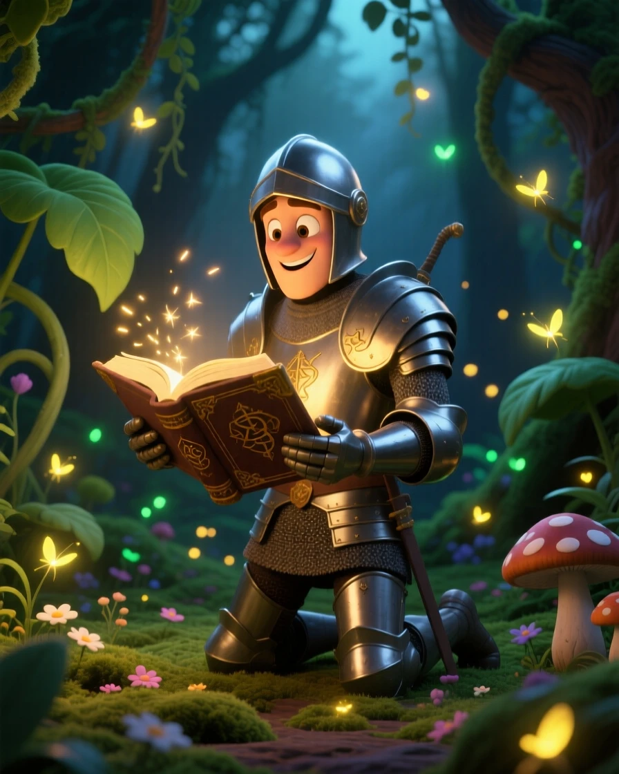 A knight in silver armor stands in an enchanted forest glowing with fireflies, reading from an ancient glowing book. A gentle sense of wonder radiates through the air, with soft glowing light illuminating every surface.