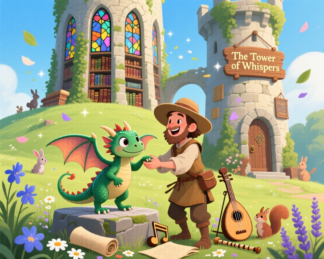 In an ancient library tower, a wandering bard discovers a moment of wonder while training a baby dragon to fly, while a gentle breeze carries the scent of flowers.