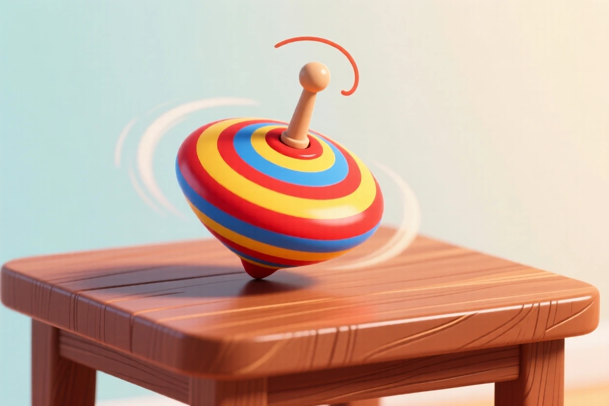 A spinning top balancing perfectly on a polished wooden table.