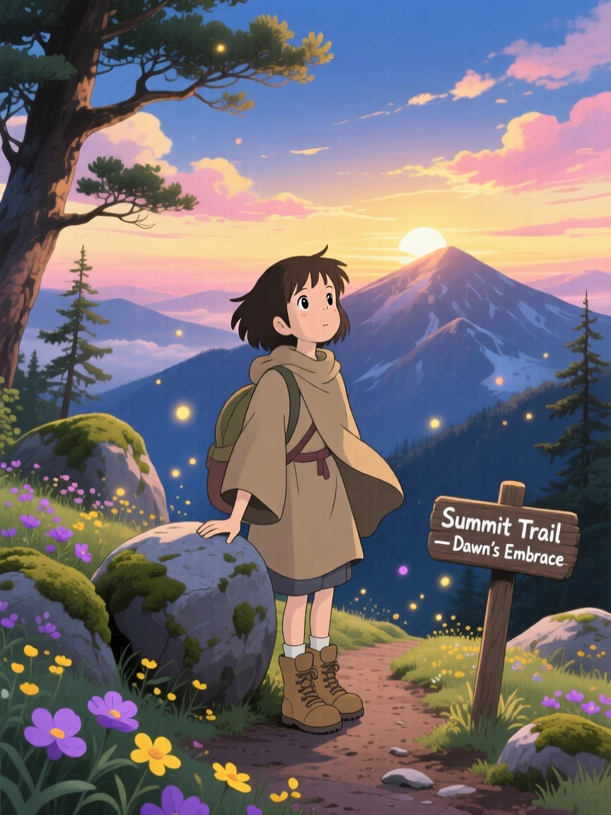 A tender moment of a traveler pausing to watch a sunrise from a mountaintop, the scene deeply heartfelt.