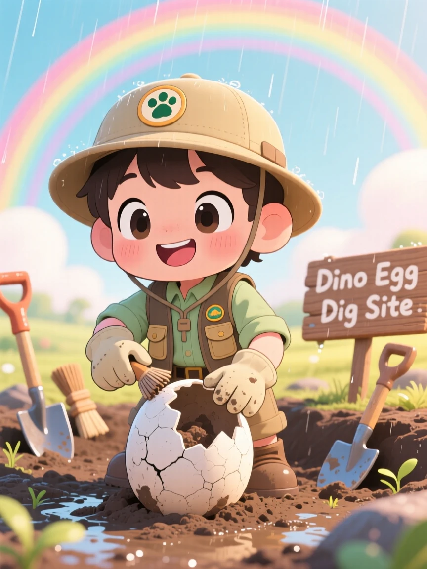In a sunny excavation site, a small child paleontologist is brushing dust off a dinosaur egg fossil under a rainbow after the rain, bathed in soft pastel light of dawn, expression full of bubbly enthusiasm. Shot as a waist-up portrait.