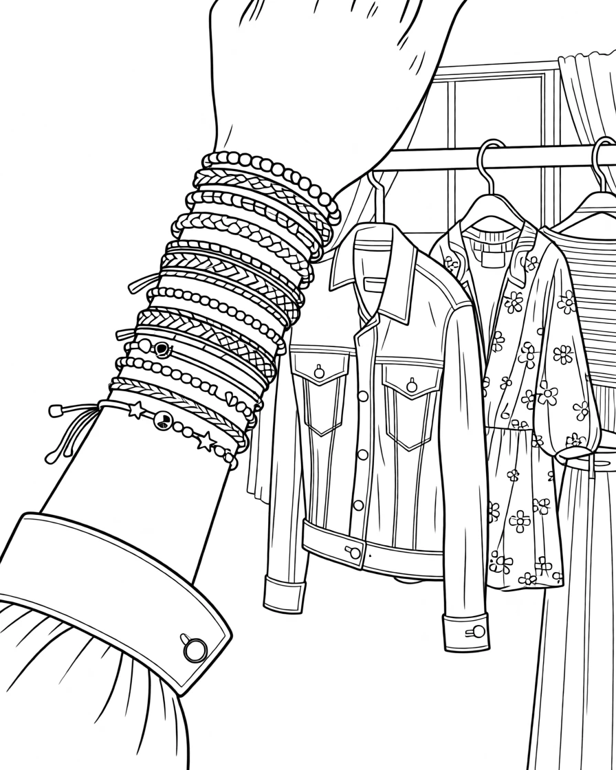 A set of layered friendship bracelets on an outstretched wrist, styled beside a rack of vintage clothing.