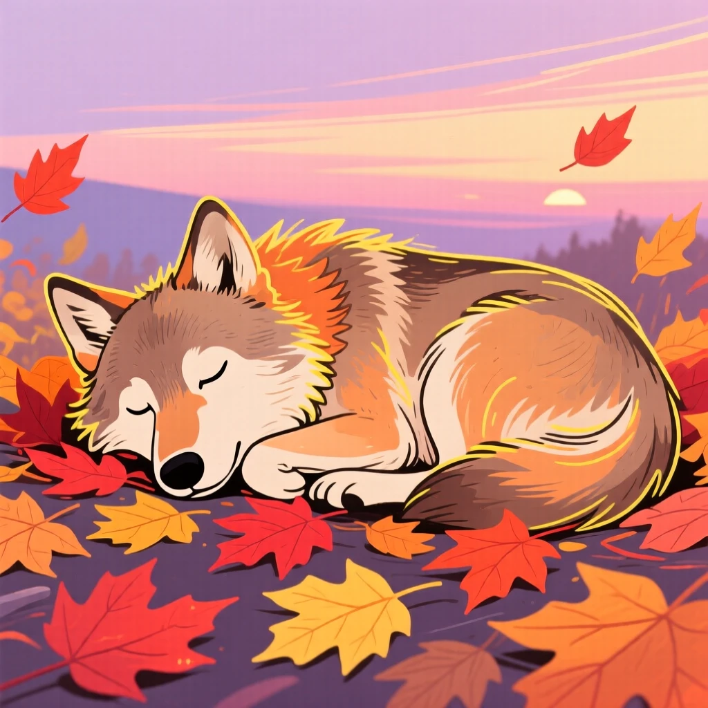A young wolf napping among autumn leaves at sunset.