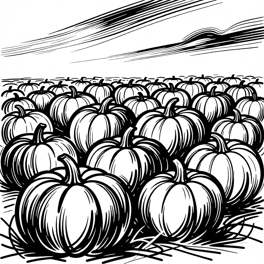 A pumpkin patch full of orange gourds under a crisp autumn sky.