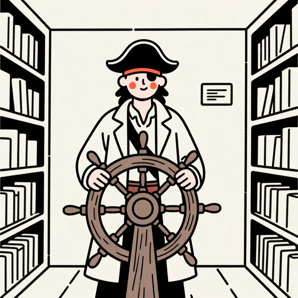 A pirate captain at the helm of a ship, in a quiet library.