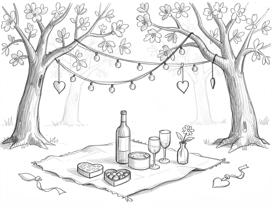A joyful holiday moment: a Valentine's Day picnic under blossoming trees beneath strings of festive lights, with decorations catching the eye at every turn.