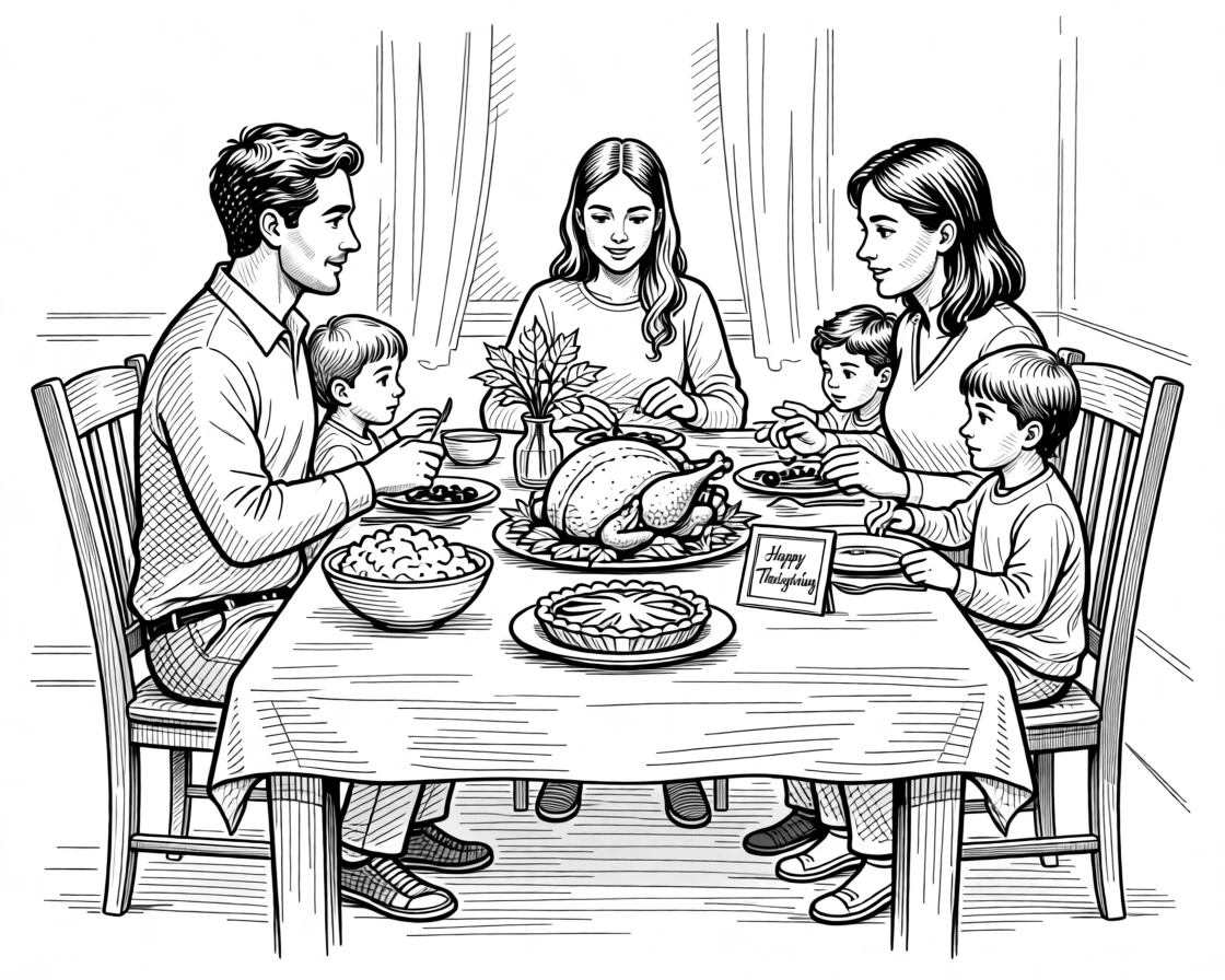 A family gathered around a table for a festive Thanksgiving feast.