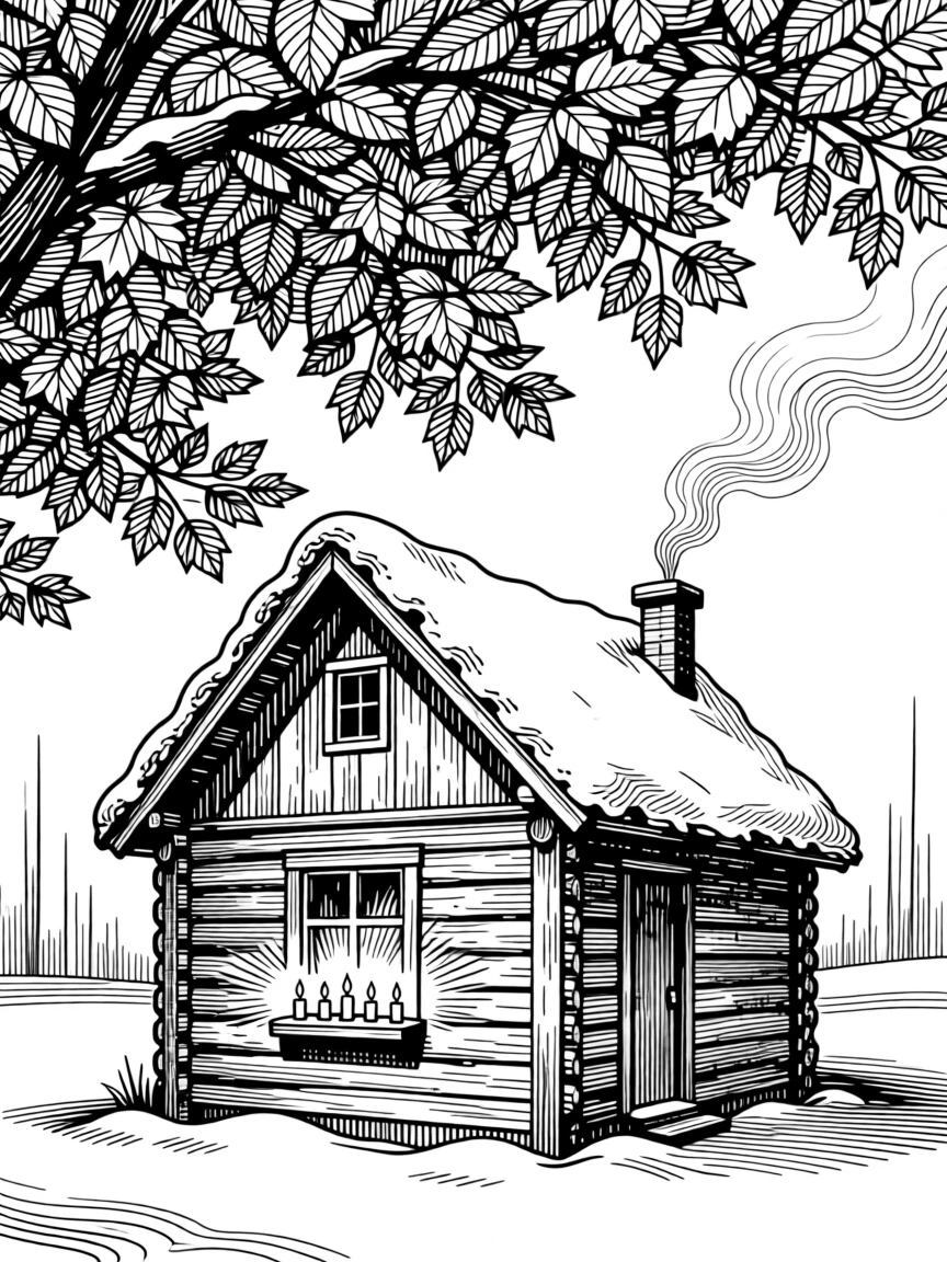 A snow-covered cabin with smoke rising from the chimney under a canopy of autumn leaves in every shade of gold, with candles flickering gently in the breeze, capturing a gently sentimental seasonal moment.