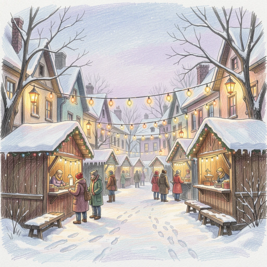 A snowy village square lit for a winter holiday market, set against a softly lit, atmospheric backdrop, capturing a quiet story that lingers with the viewer.