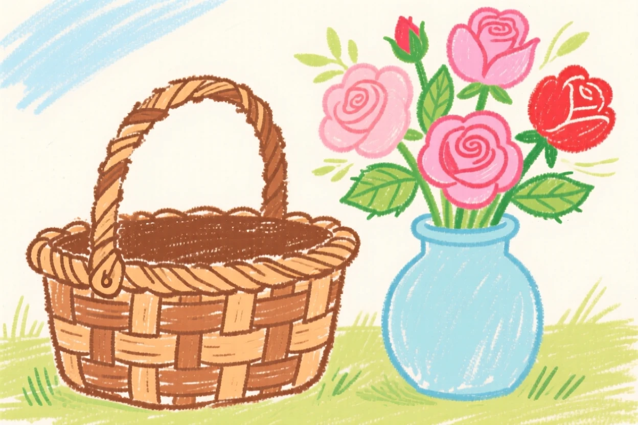 A woven picnic basket arranged neatly beside a vase of garden roses.