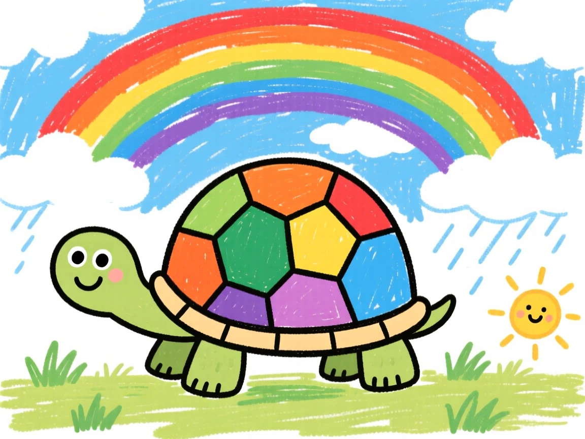 A wise old tortoise beneath a rainbow after a storm.