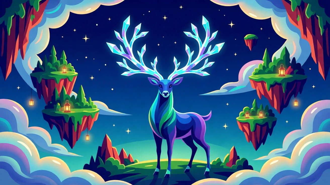 A magical reindeer with antlers made of glowing crystal branches, set within a dreamlike sky filled with floating islands, framed with a grand, sweeping sense of wonder and scale, with rich jewel tones that evoke wonder and imagination.
