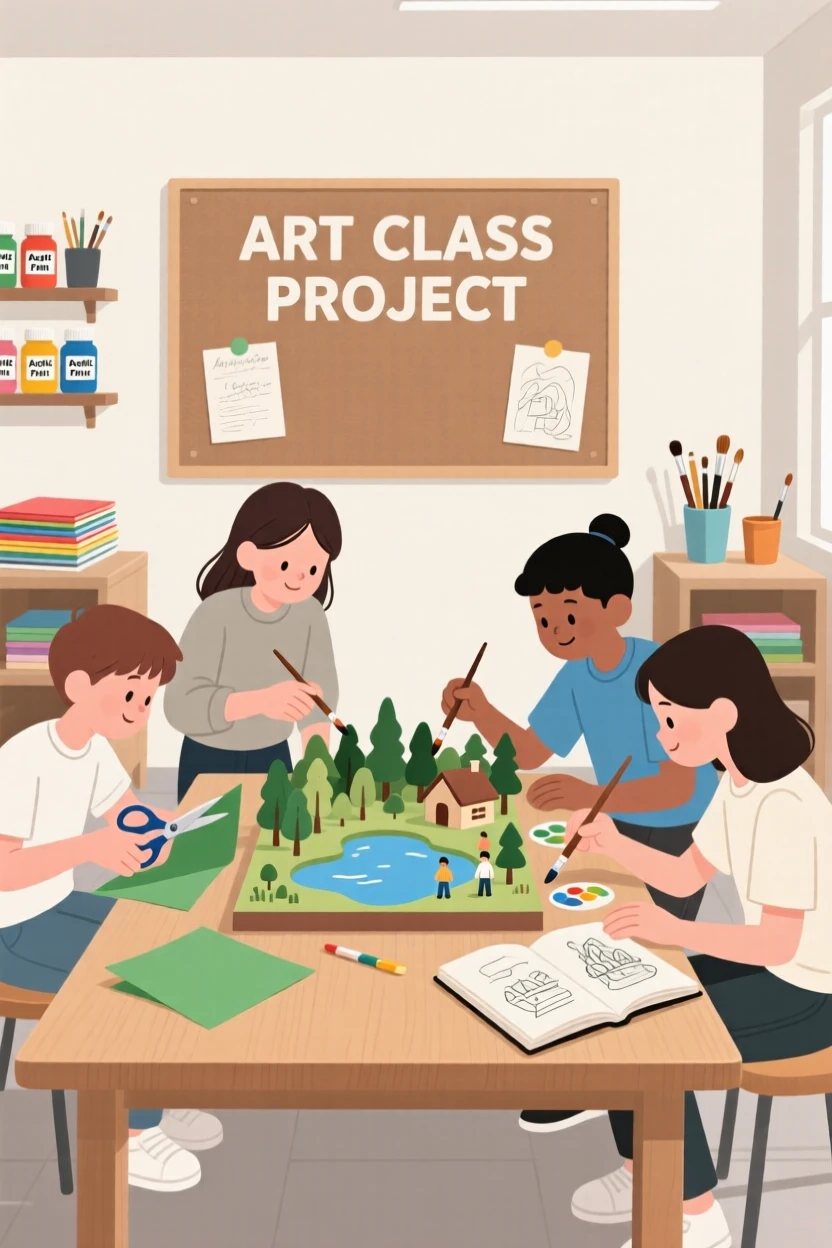 A group of students building a diorama in an art classroom.