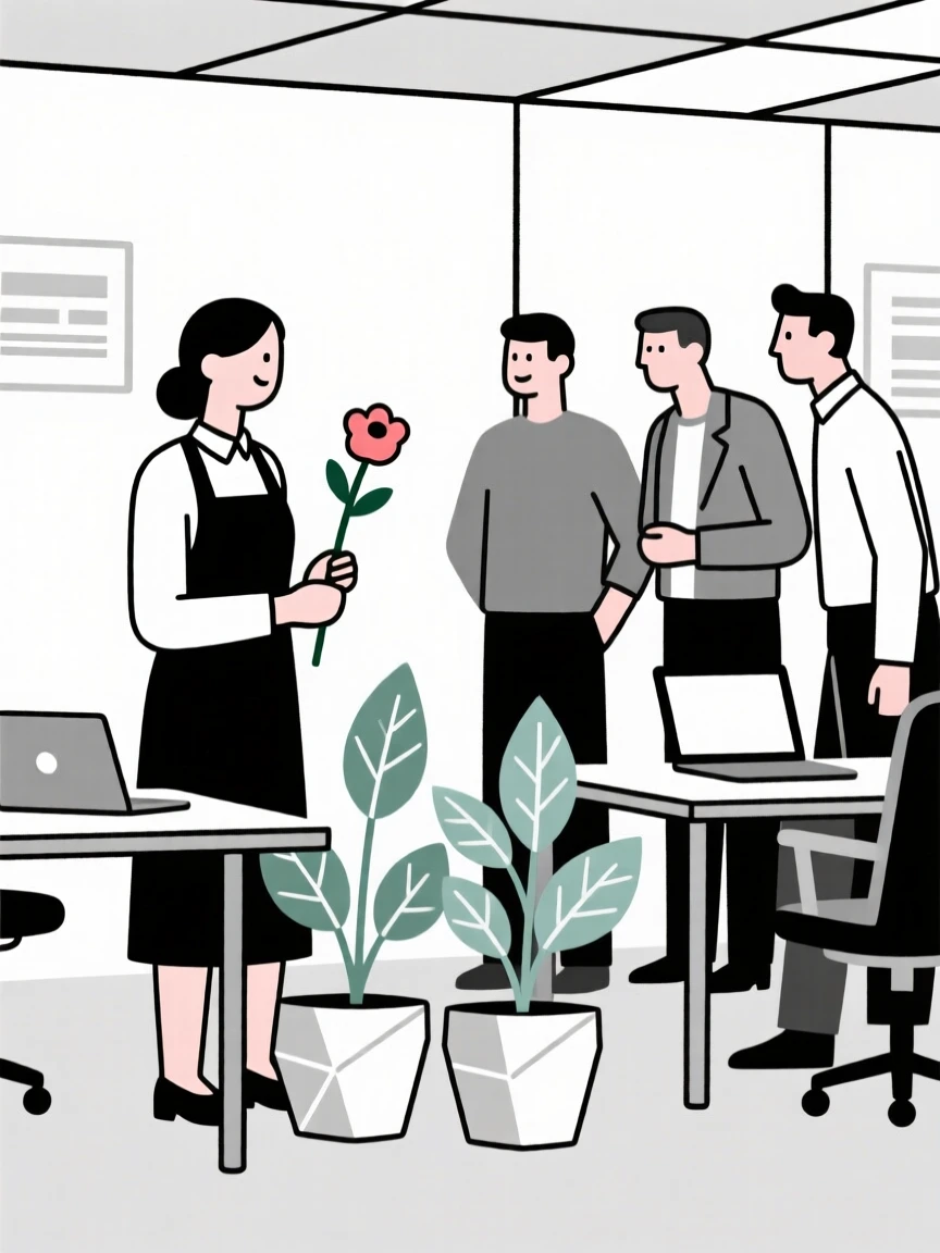 A florist collaborating with colleagues in a busy newsroom, near potted plants, full of focused determination.