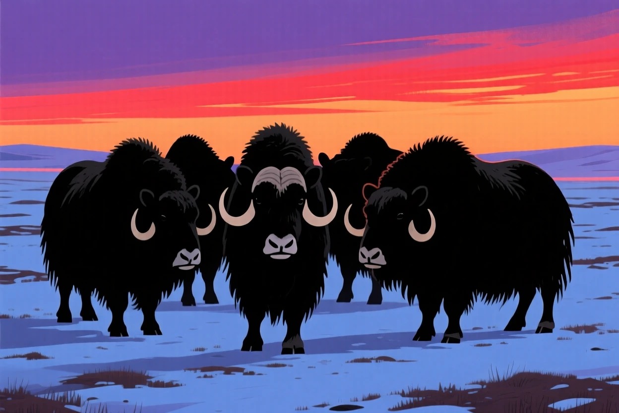 A herd of muskoxen standing in a defensive circle on the open tundra.