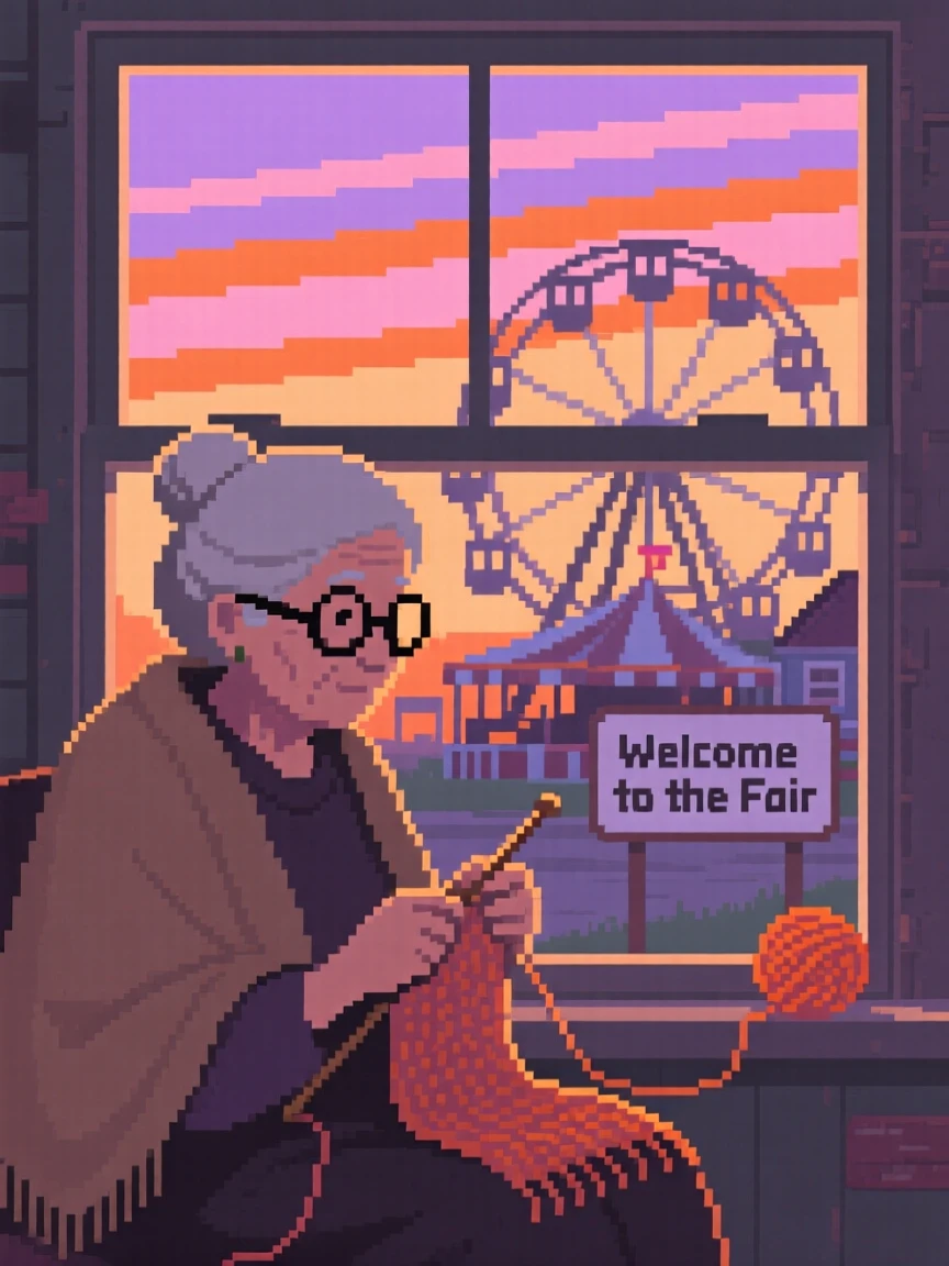 A grandmother knitting by the window under a sky streaked with the colors of dusk, at a small-town fair with a ferris wheel.
