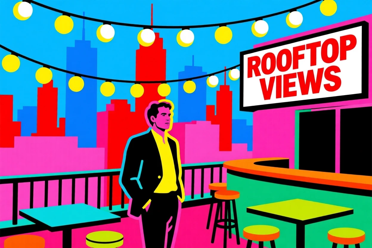 Rooftop bar with string lights and city views