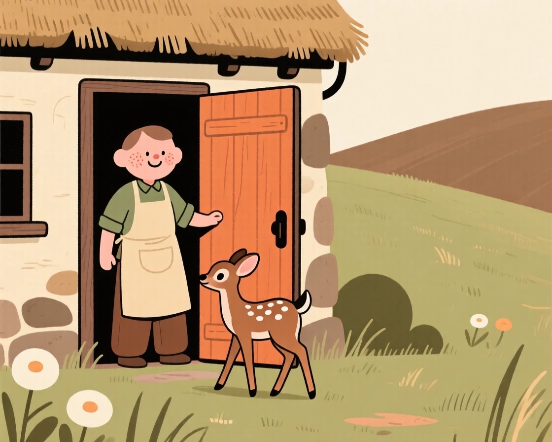 A gentle baker stands at the door of a thatched cottage tucked into a hillside meadow, welcoming a lost fawn inside from the cold.