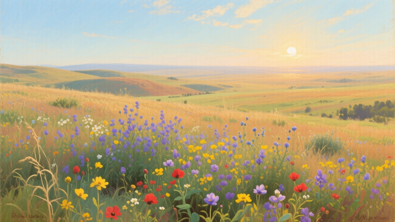 A wide establishing shot of a field of wildflowers stretching to the horizon, on the American frontier, in bright warm sunshine.