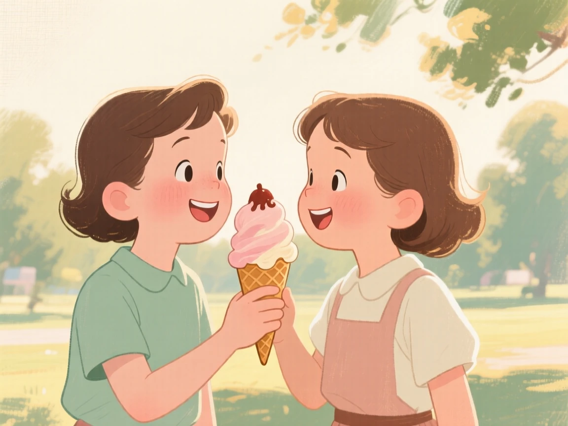 Children sharing an ice cream cone on a warm summer day