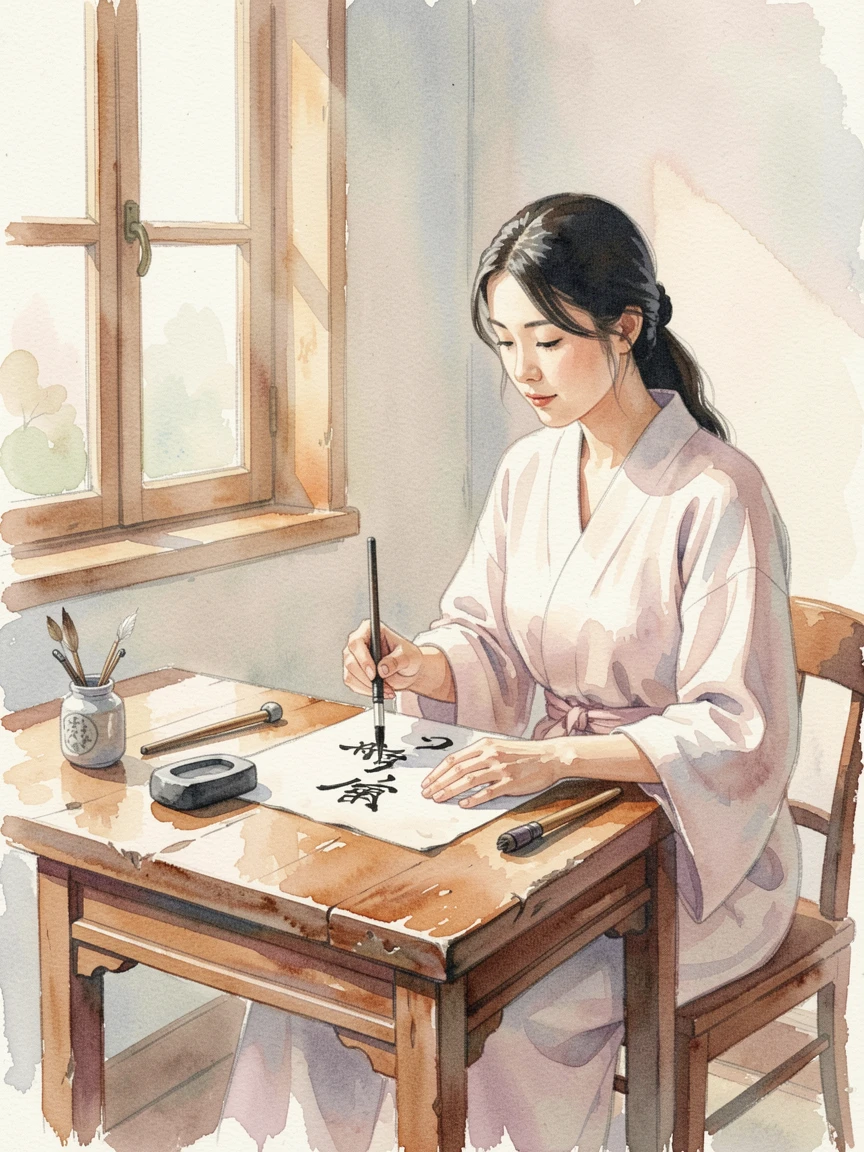 A woman practicing calligraphy at a wooden desk in a relaxed, unhurried setting.