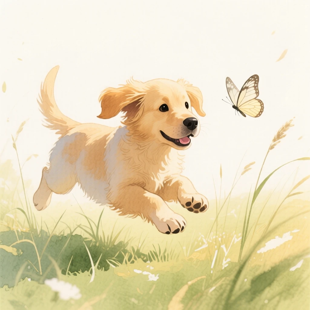 A golden retriever puppy chases a fluttering butterfly through a sunlit meadow, ears flopping, tail wagging, tiny paws barely touching the tall grass