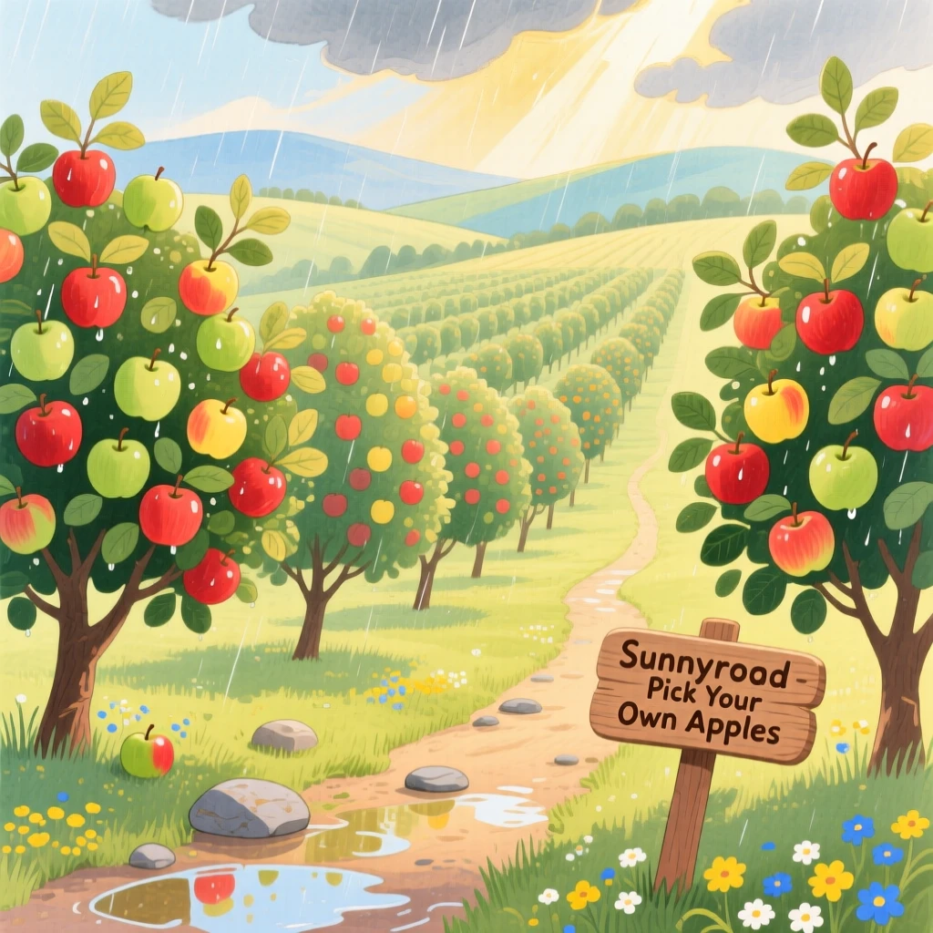 A panoramic scene of an orchard heavy with ripening apples just after a summer storm.