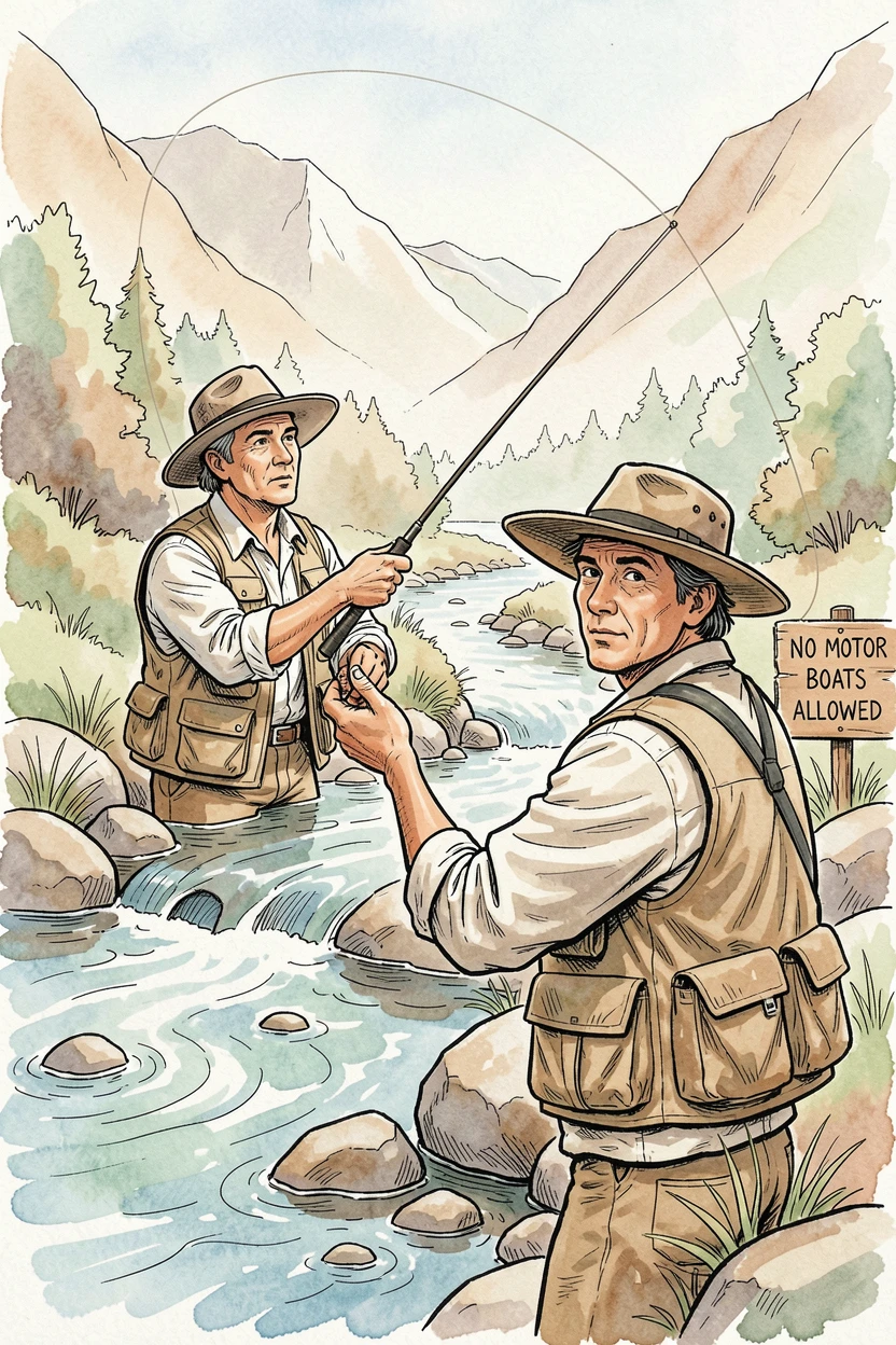 A fisherman fly-casting across a quiet mountain stream, focused concentration evident in every careful movement.