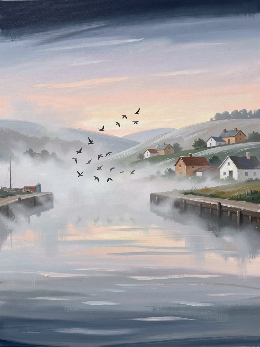 Thick fog rolling through a quiet harbor at dawn, birds scattering ahead of the approaching storm, over rolling hills dotted with scattered farmhouses, during the first light of a misty morning.