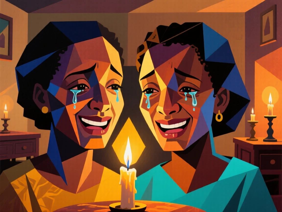 A close-up portrait of twin sisters of Ethiopian heritage holding back tears of joy, inside a cozy candlelit room.