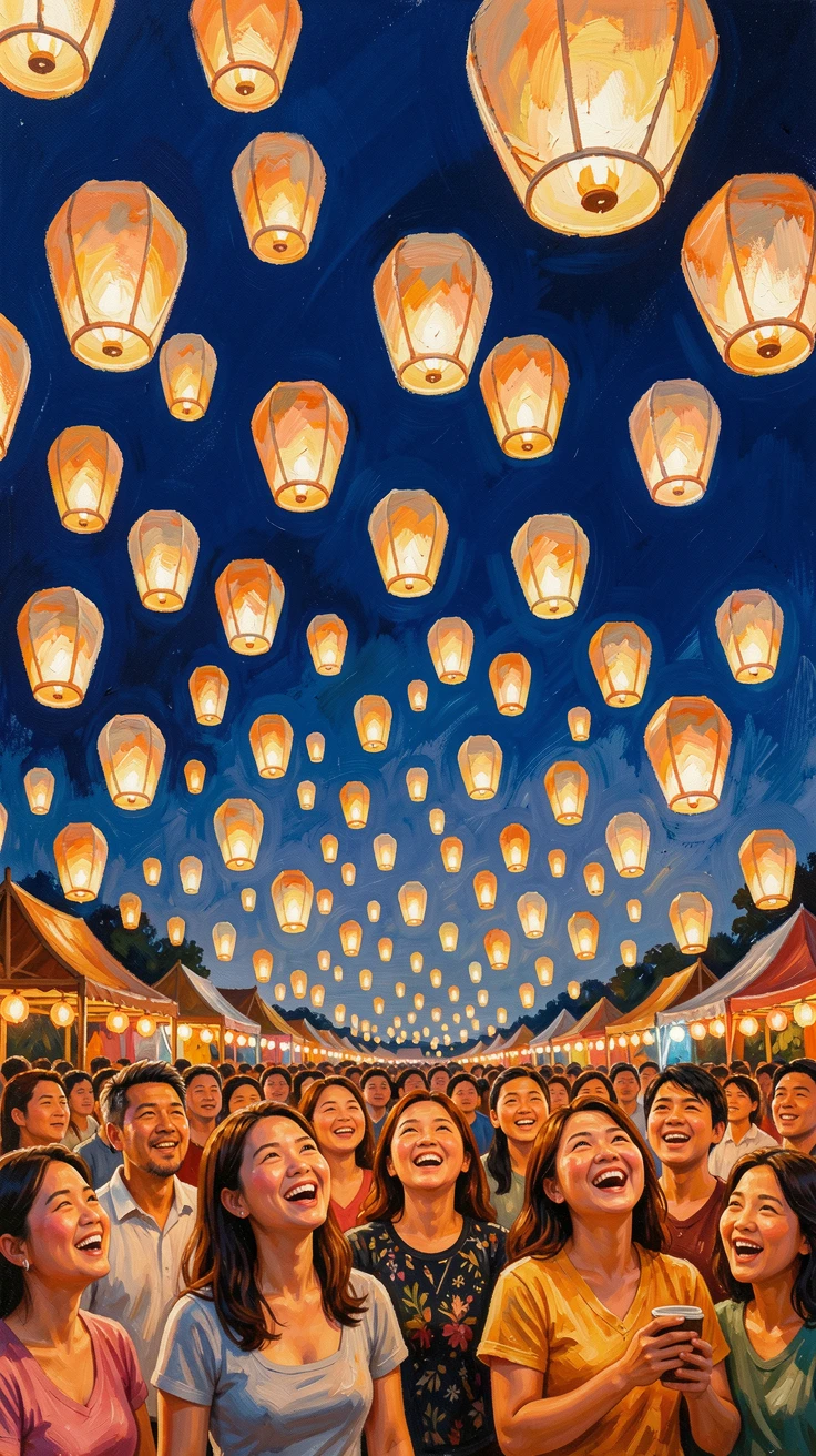 Thousands of paper lanterns rise into the night sky during a festival in Chiang Mai, their warm glow reflecting on upturned faces below, warm ambient light illuminating faces filled with joy and communal spirit.