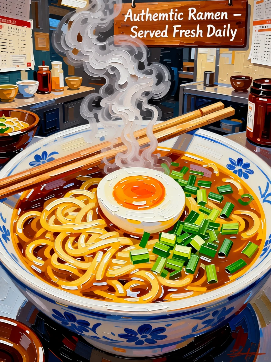 A steaming bowl of ramen with a soft egg and fresh scallions on a busy noodle counter