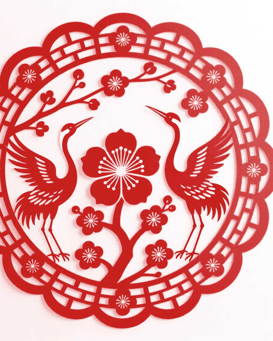 A design of a scalloped border design featuring a lattice of plum blossoms and cranes, radiating outward from a central focal point.